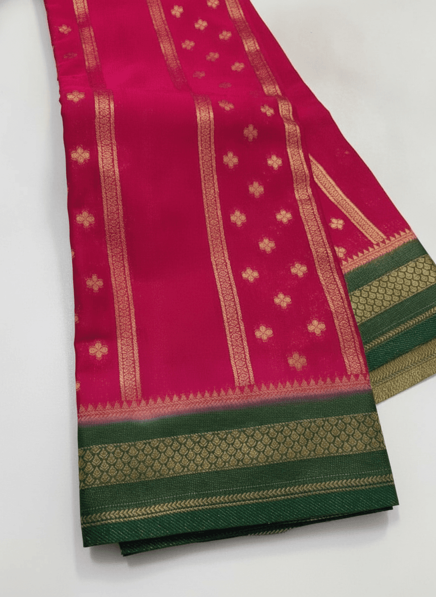 Premium semi mysore silk Saree with Gold Zari Floral Motifs and Contrasting Border