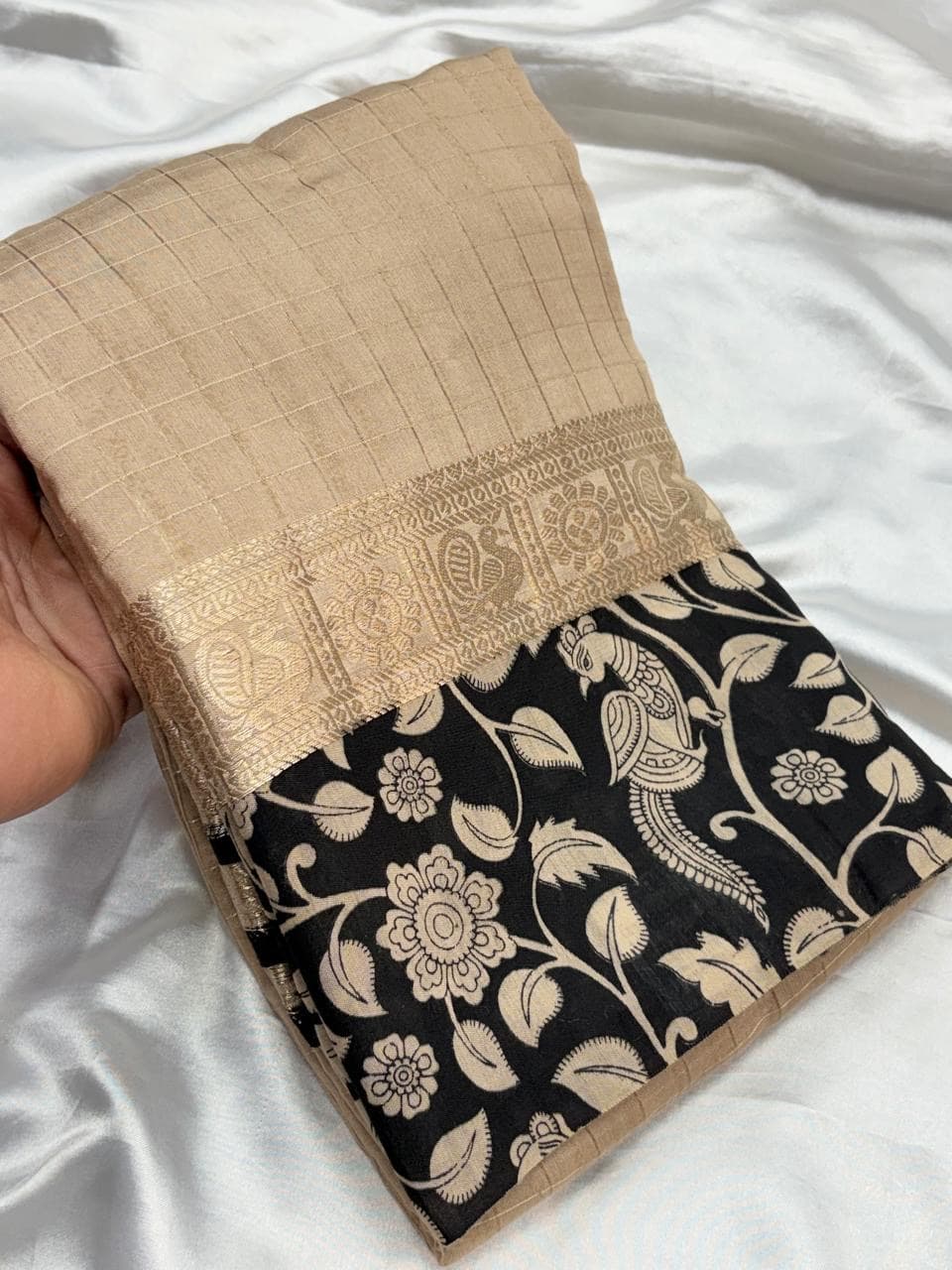 Checkered premium Assam silk saree with kalamkari border