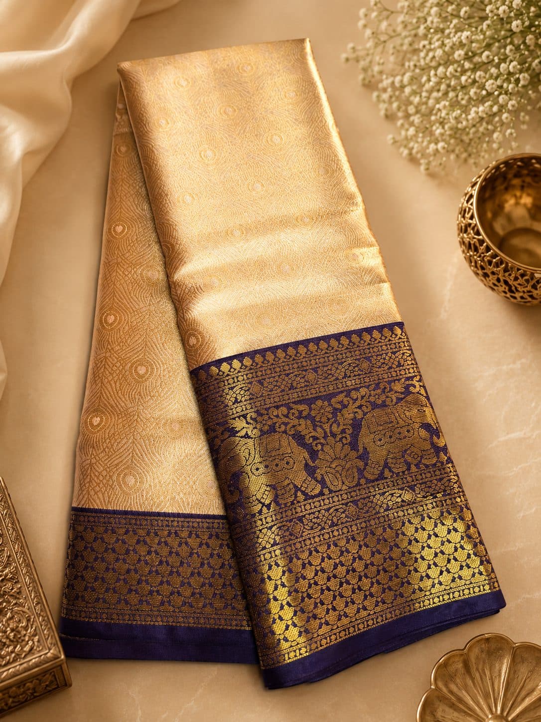 Cream Silk Saree with Navy Blue Gold Zari Border