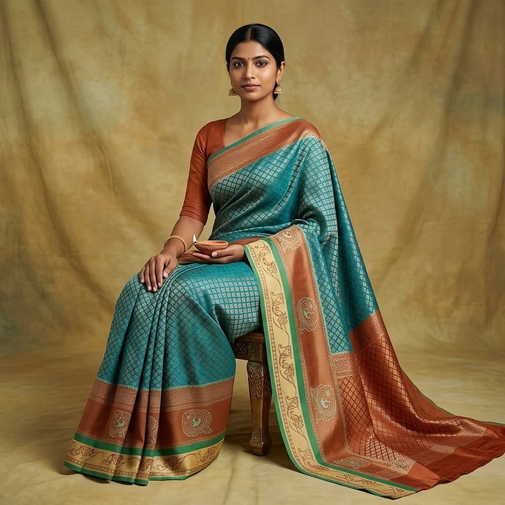 Teal & Rust Silk Saree with Woven Zari Border